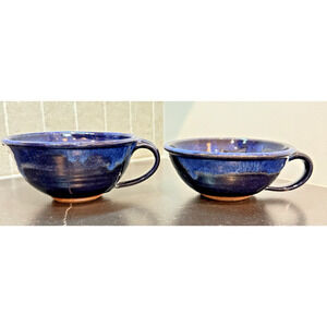 Set of 2 Studio Art Pottery Glazed Chowder Bowls Handle Blue & Black Signed 1993